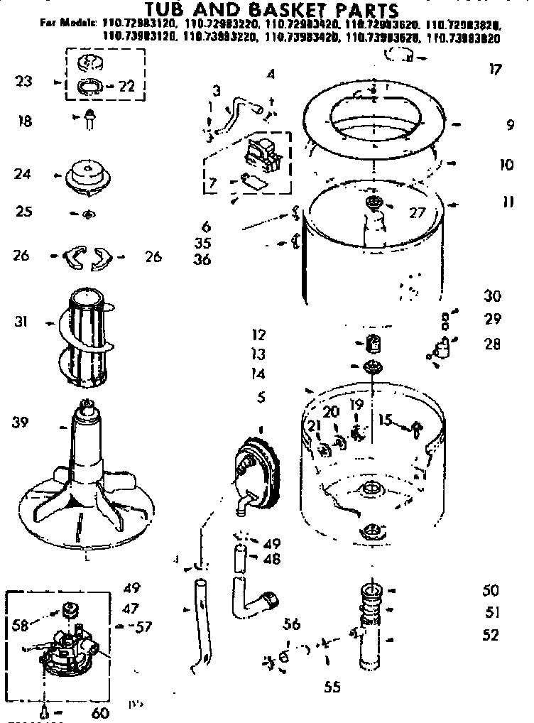 Kenmore 11072983620 tub and basket parts diagram