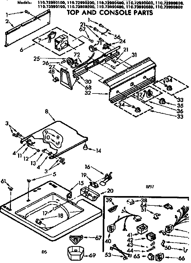 Kenmore 11073990400 top and console parts diagram