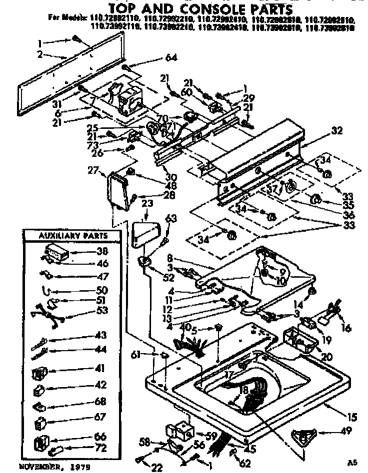 Kenmore 11073992410 top and console parts diagram