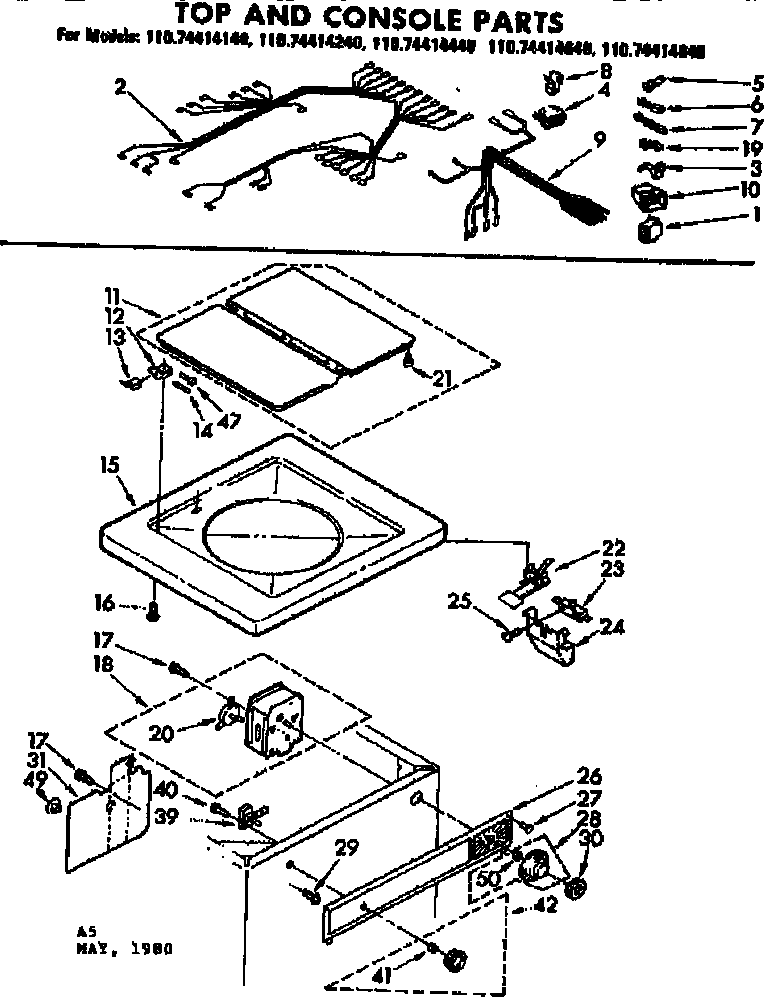 Kenmore 11074414640 top and console parts diagram
