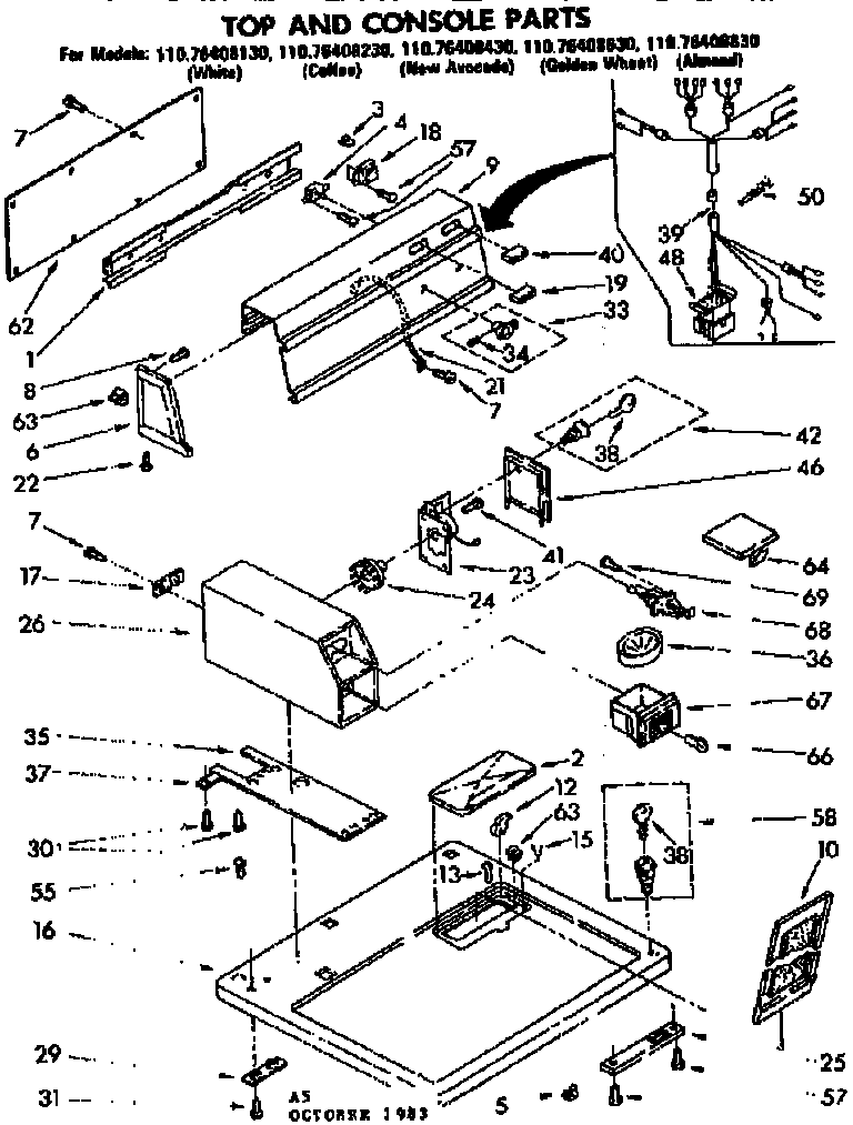 Kenmore 11076408830 top and console parts diagram