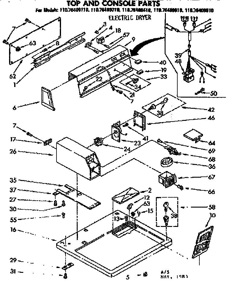 Kenmore 11076409410 top and console parts diagram
