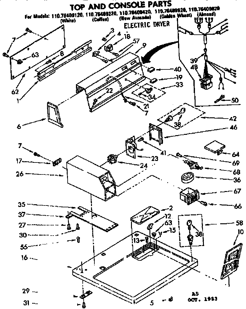 Kenmore 11076409120 top and console parts diagram