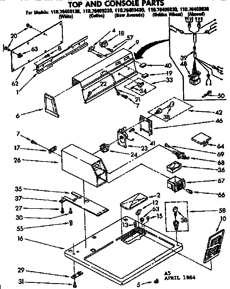 Kenmore 11076409130 top and console parts diagram
