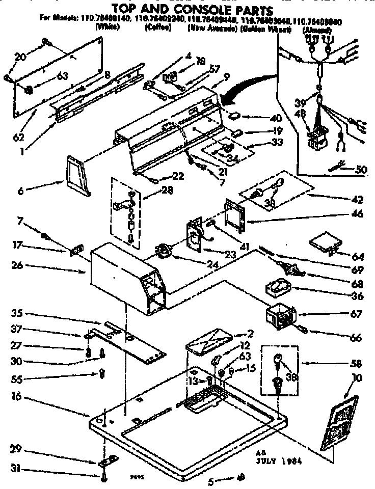 Kenmore 11076409440 top and console parts diagram