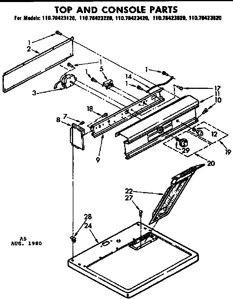 Kenmore 11076423120 top and console parts diagram