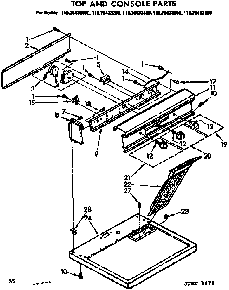 Kenmore 11076433200 top and console parts diagram