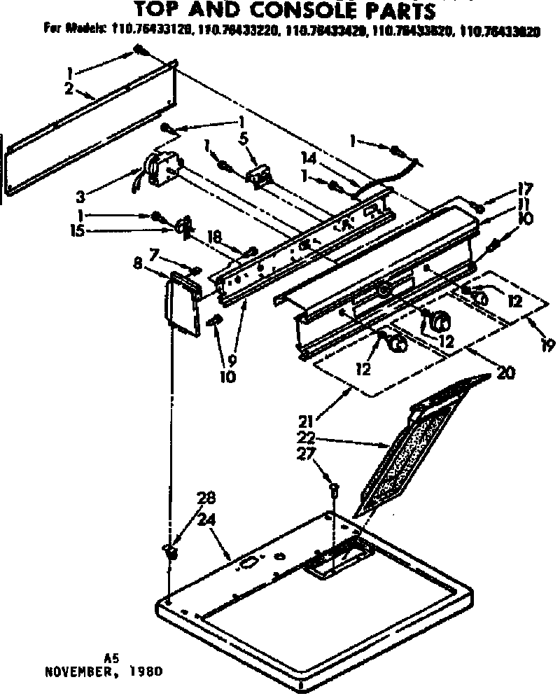 Kenmore 11076433220 top and console parts diagram
