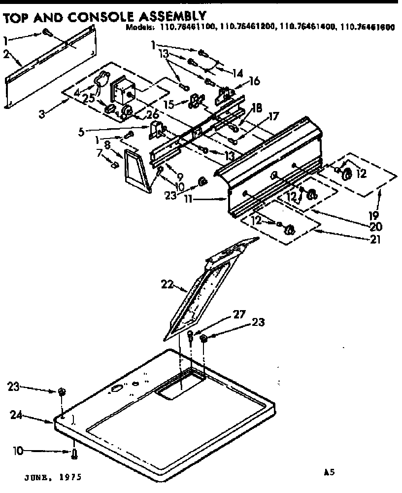 Kenmore 11076461600 top & console asm diagram
