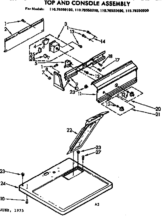 Kenmore 11076550600 top and console assembly diagram