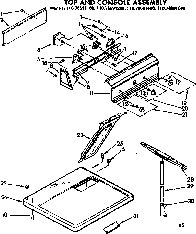 Kenmore 11076691200 top and console assembly diagram