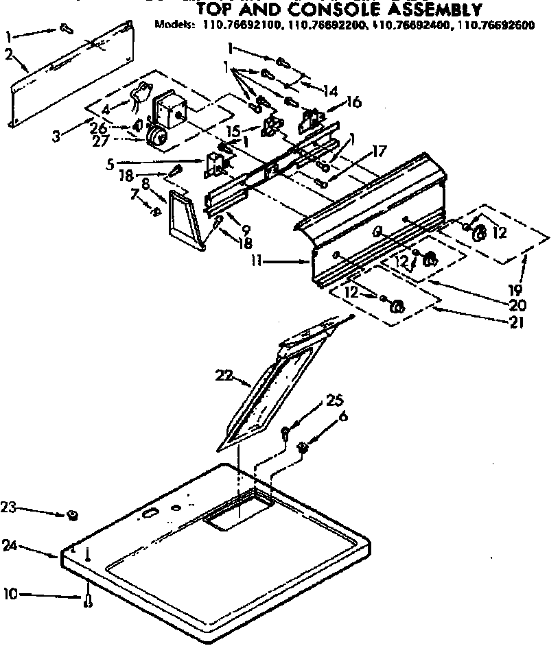 Kenmore 11076692200 top and console assembly diagram
