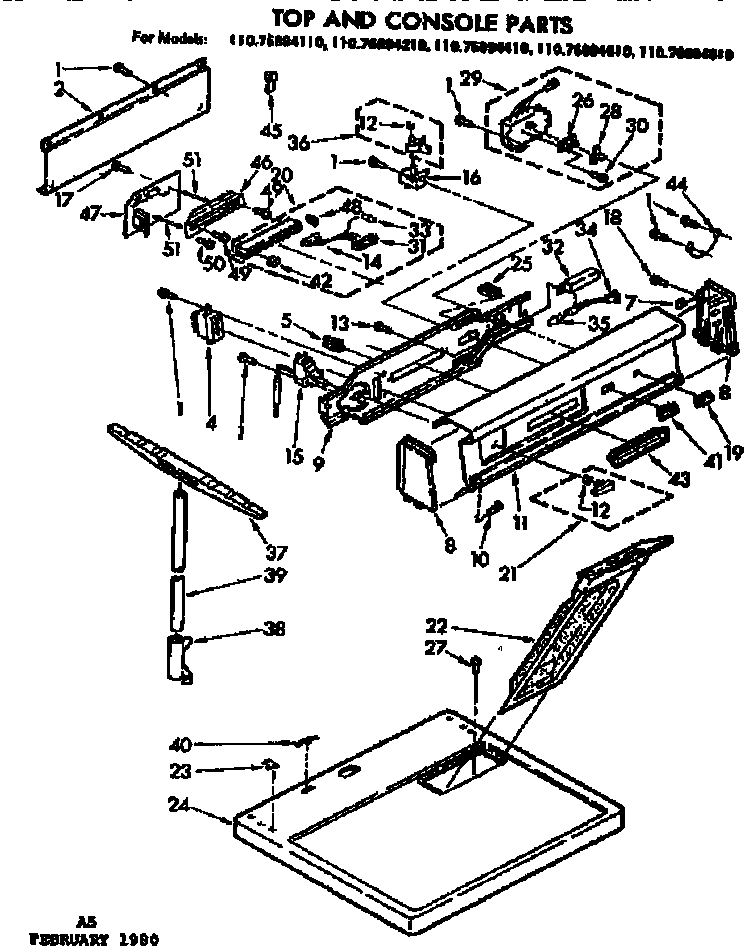 Kenmore 11076894610 top and console parts diagram