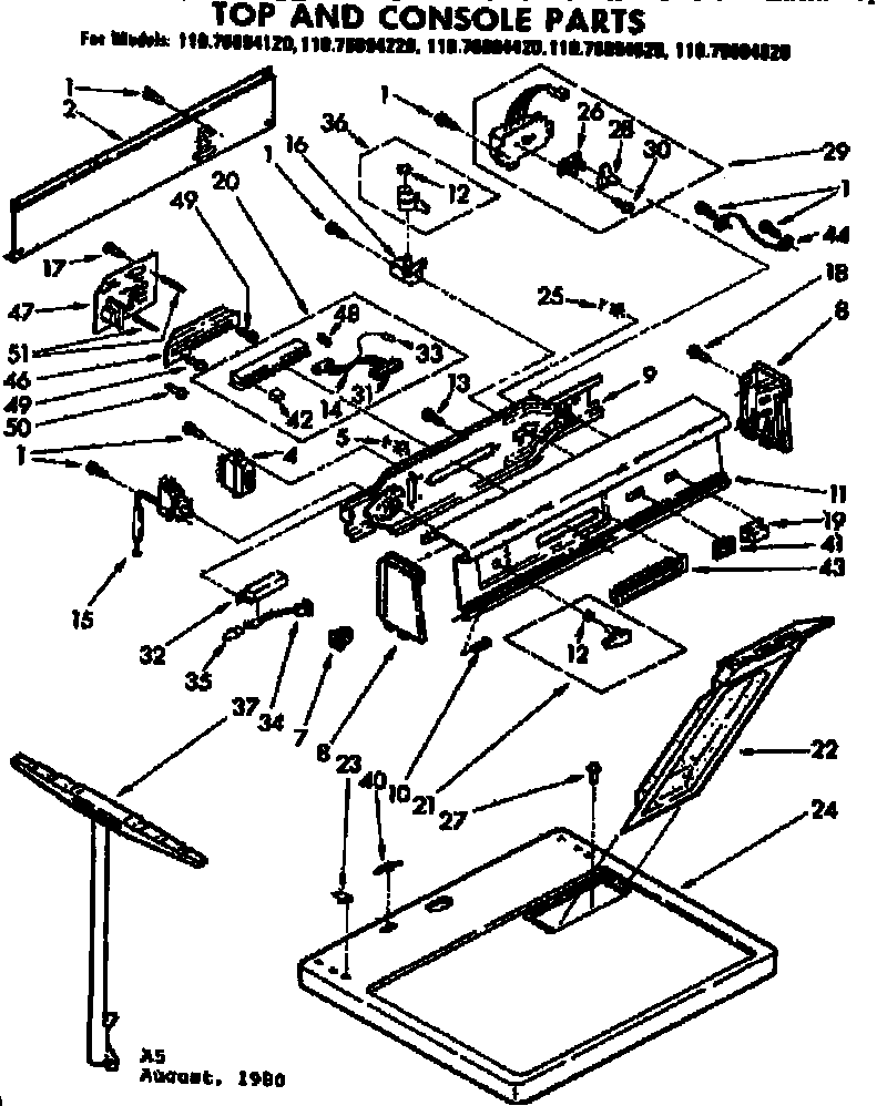 Kenmore 11076894420 top and console parts diagram