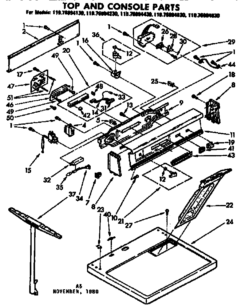 Kenmore 11076894430 top and console parts diagram