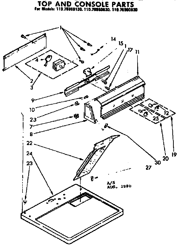 Kenmore 11076960630 top and console parts diagram