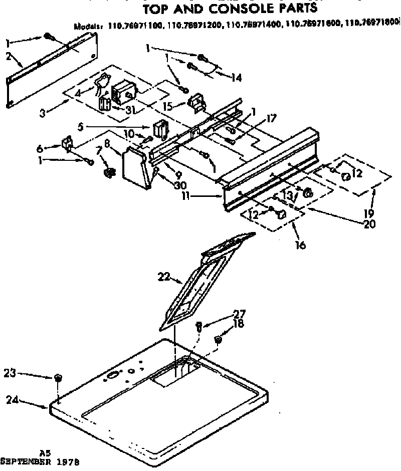Kenmore 11076971400 top and console parts diagram