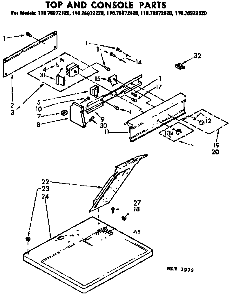Kenmore 11076972120 top and console parts diagram