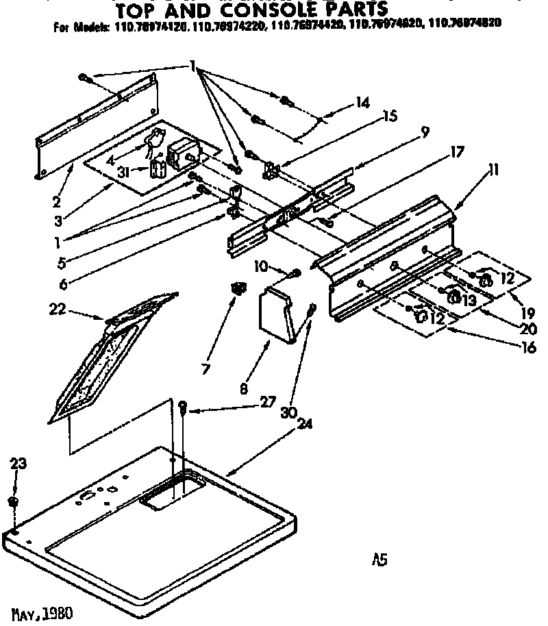 Kenmore 11076974820 top and console parts diagram