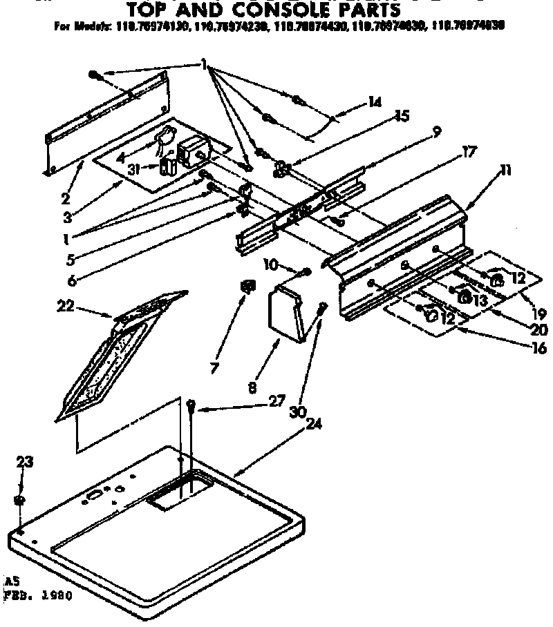 Kenmore 11076974230 top and console parts diagram
