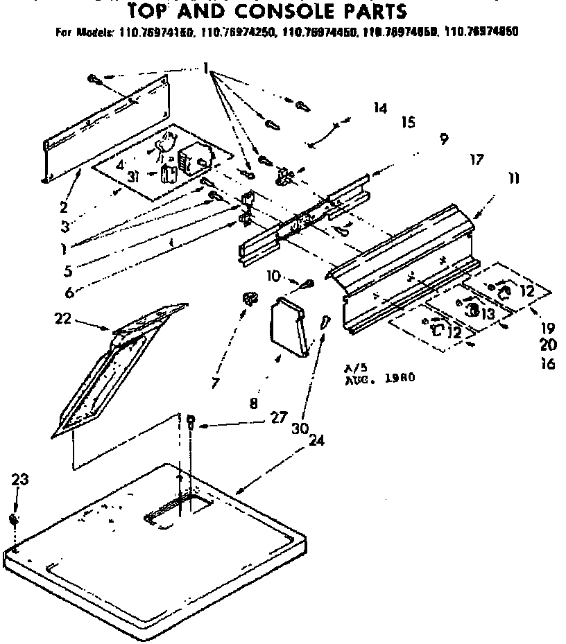 Kenmore 11076974450 top and console parts diagram