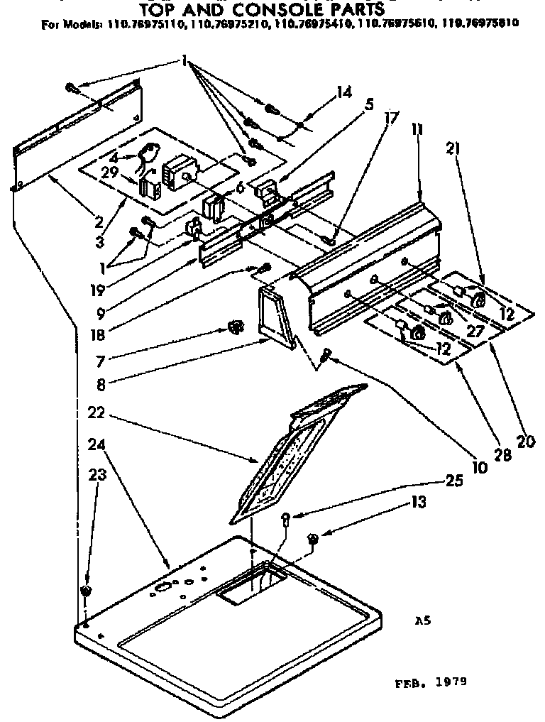 Kenmore 11076975610 top and console parts diagram
