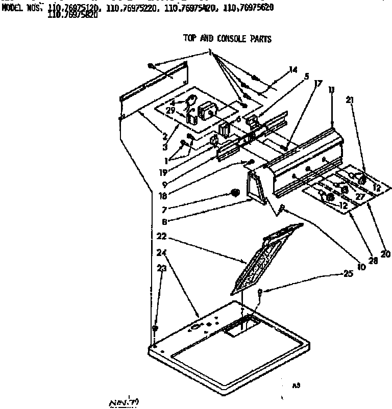 Kenmore 11076975620 top and console parts diagram