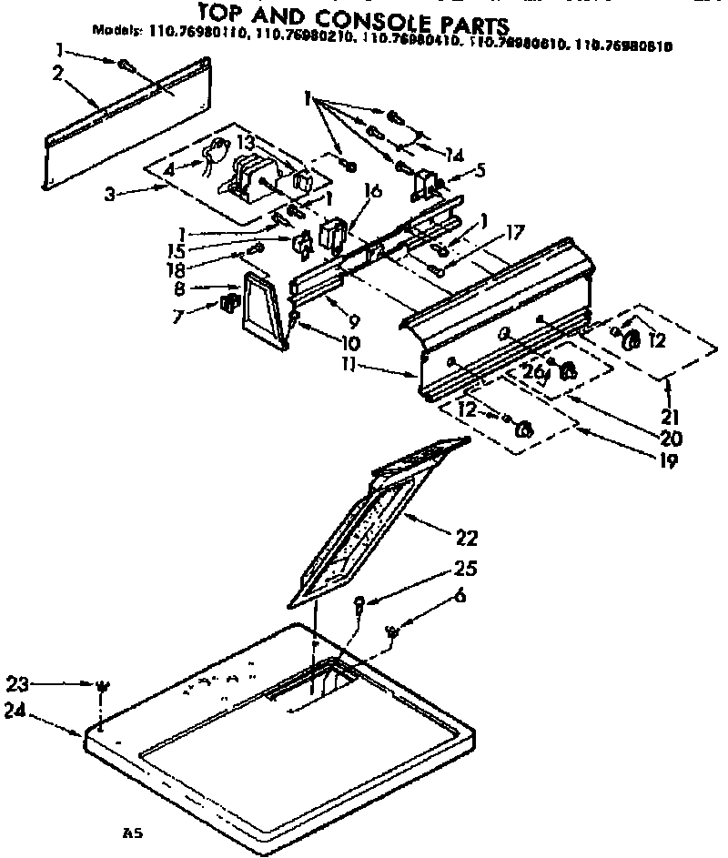 Kenmore 11076980810 top and console parts diagram