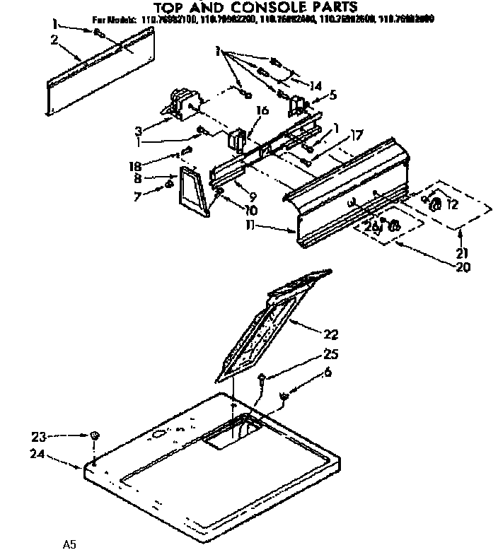 Kenmore 11076982100 top and console parts diagram