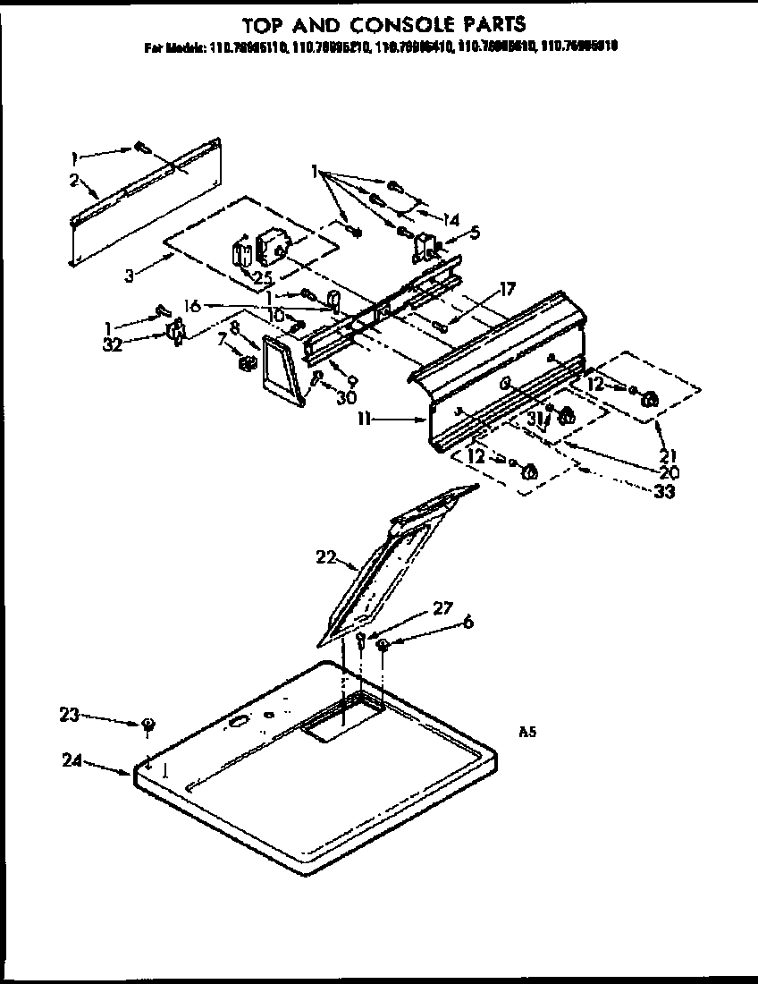 Kenmore 11076985810 top and console parts diagram