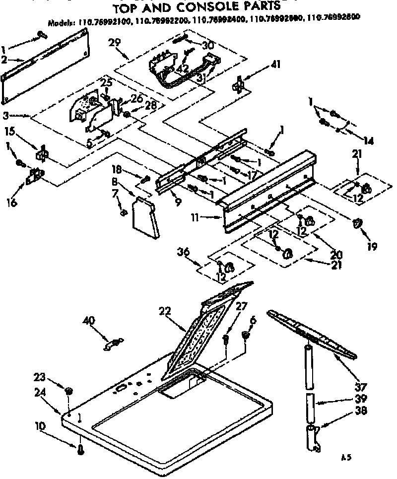 Kenmore 11076992400 top and console parts diagram