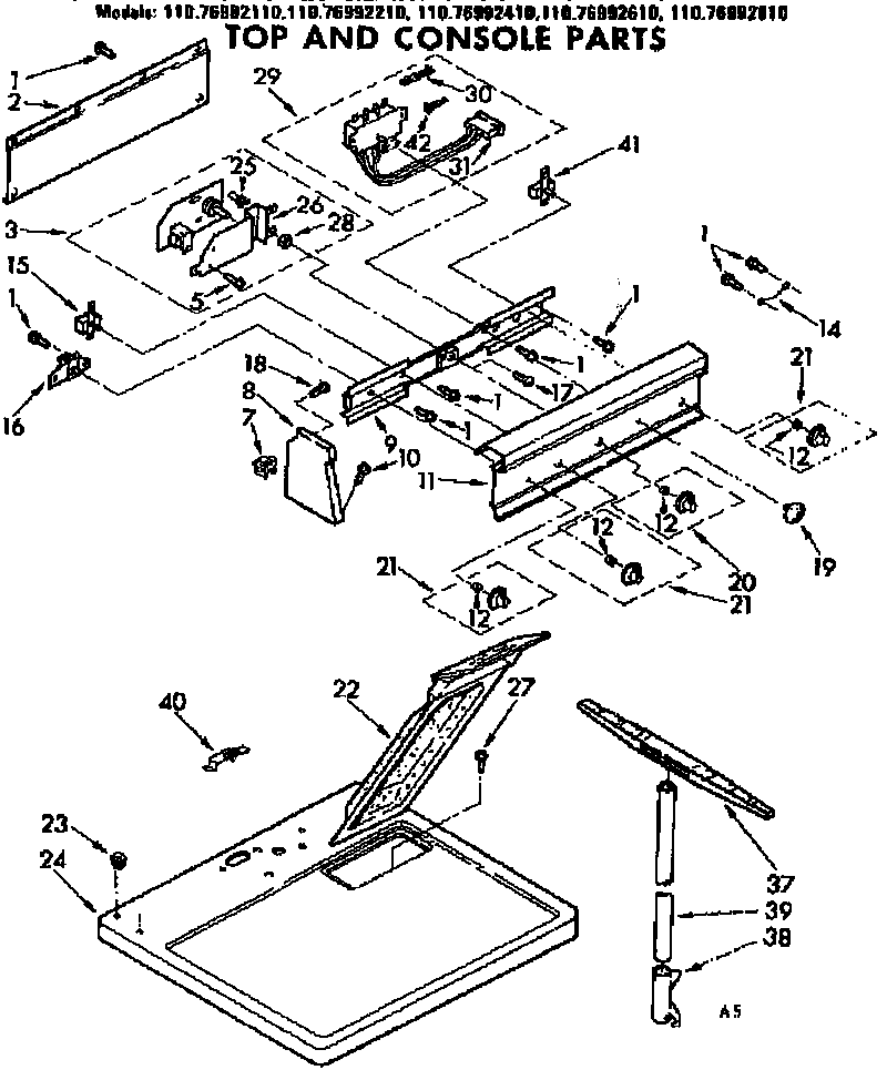 Kenmore 11076992210 top and console parts diagram