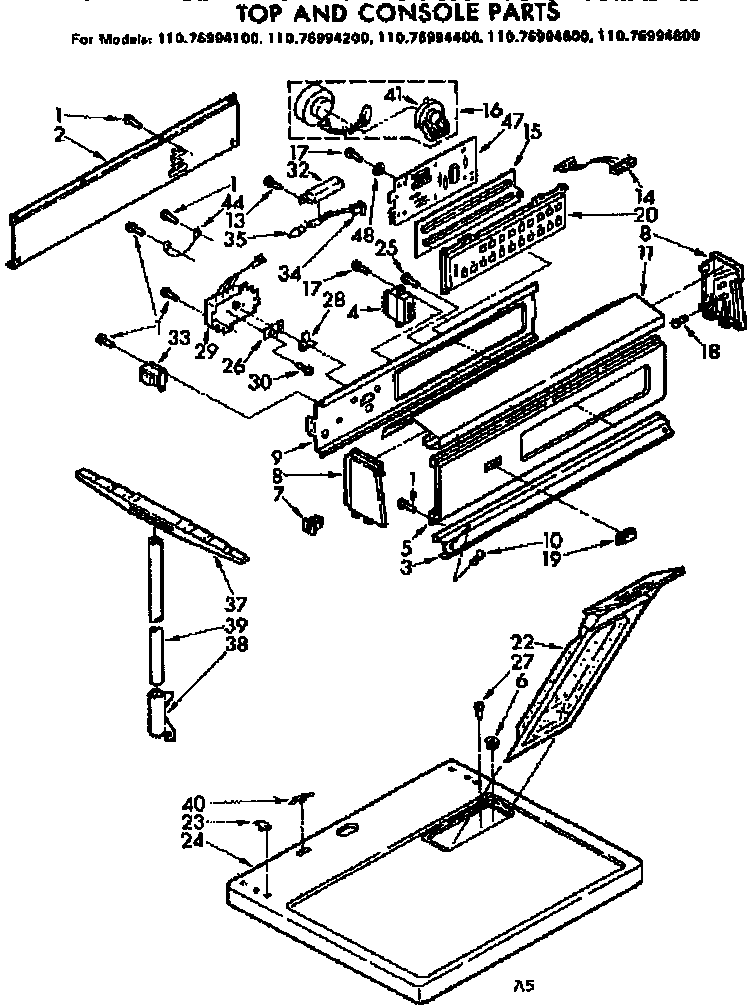 Kenmore 11076994400 top and console parts diagram