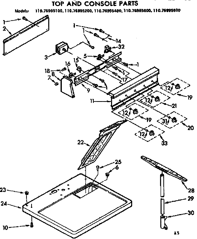 Kenmore 11076995400 top and console parts diagram