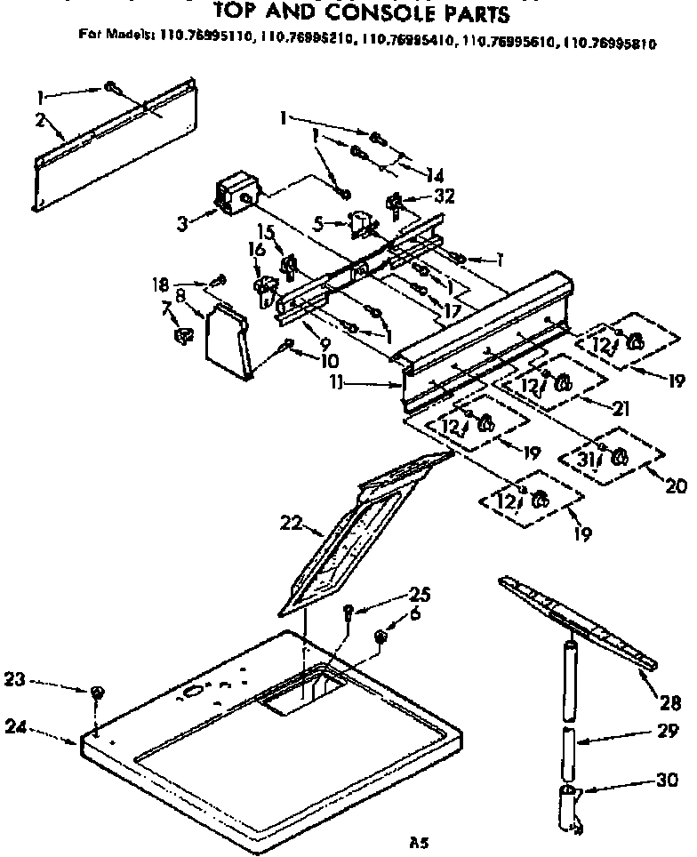 Kenmore 11076995810 top and console parts diagram