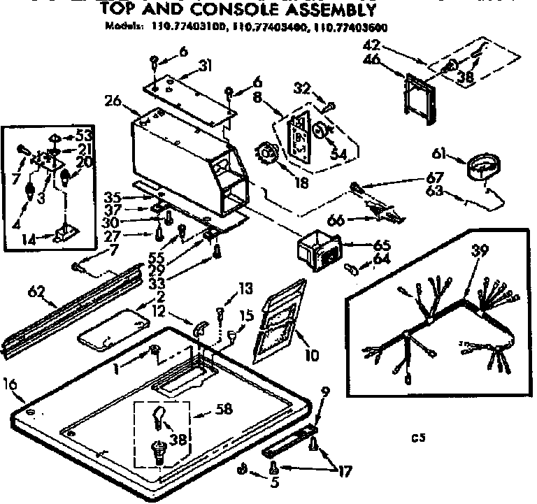 Sears 11077403600 top and console assembly diagram