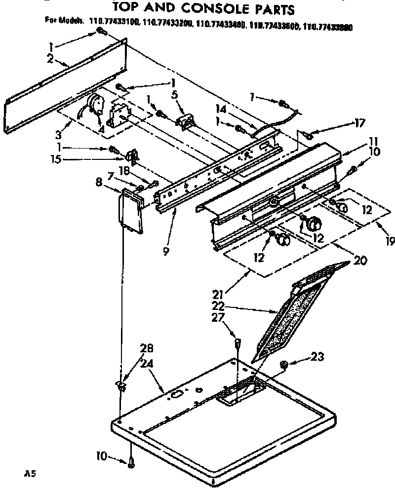 Kenmore 11077433100 top and console parts diagram