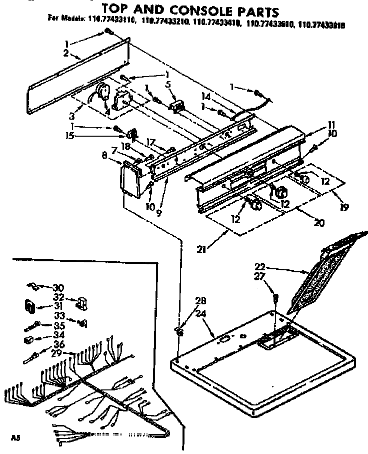 Kenmore 11077433110 top and console parts diagram