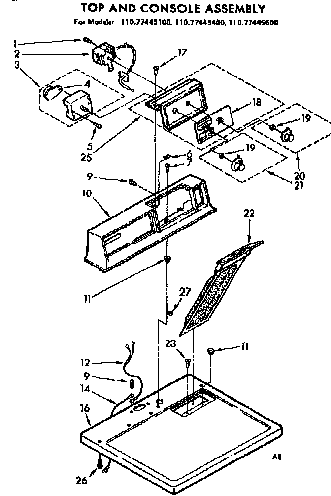 Sears 11077445100 top and console assembly diagram