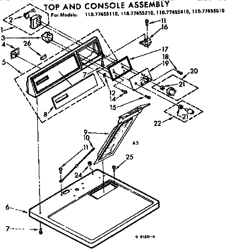 Sears 11077455410 top and console assembly diagram