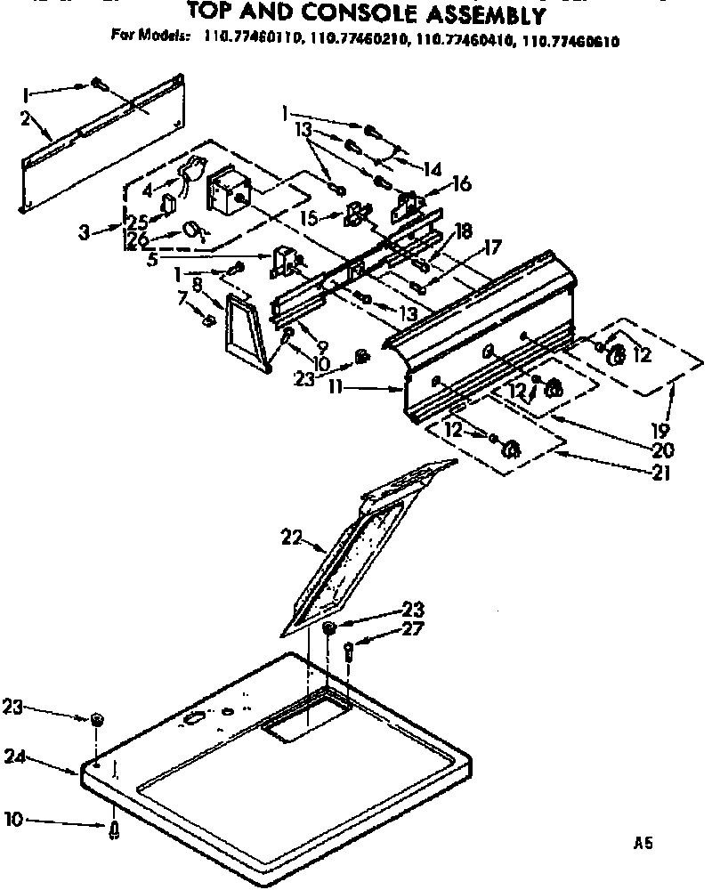Sears 11077460210 top and console assembly diagram