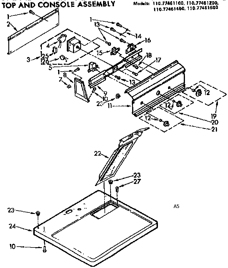 Sears 11077461400 top and console assembly diagram