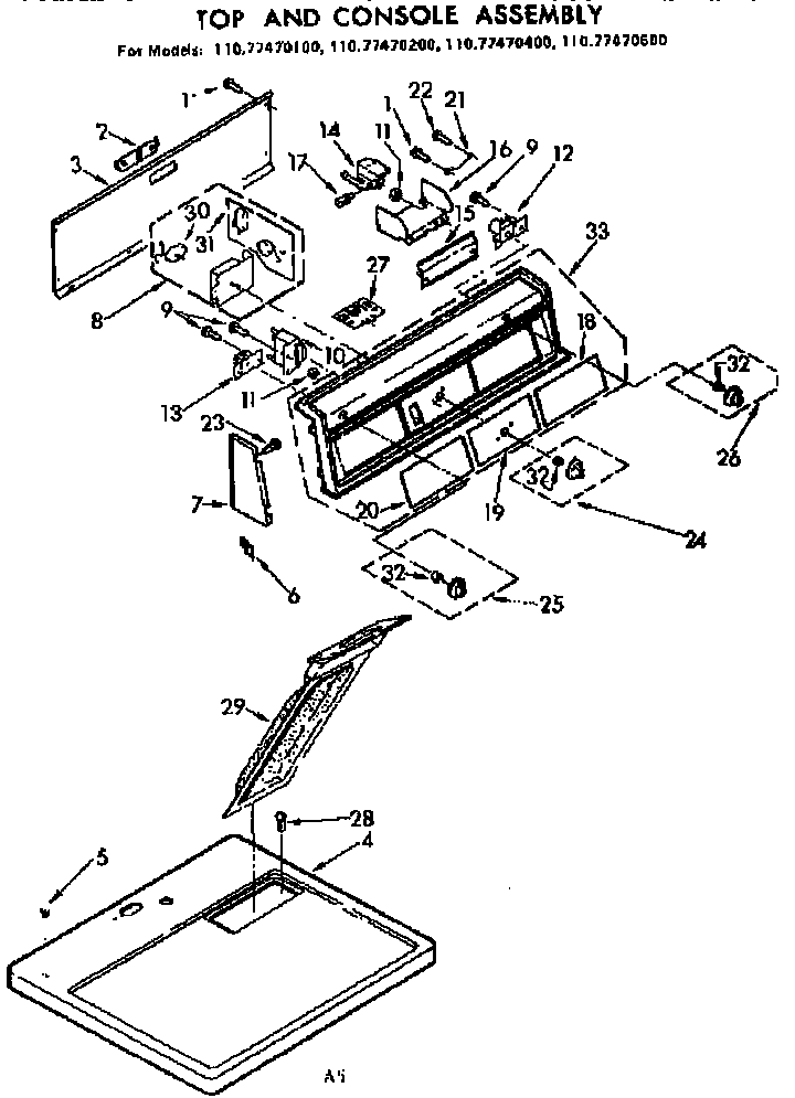 Sears 11077470400 top & console assembly diagram