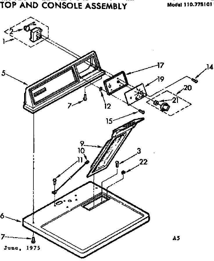 Sears 11077510110 top and console assembly diagram