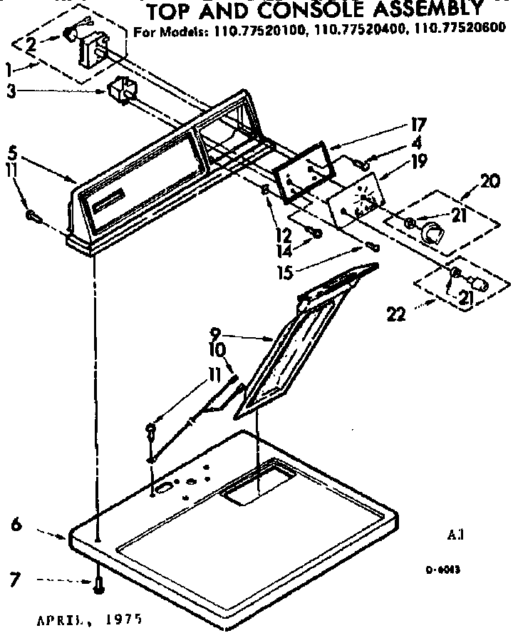 Sears 11077520100 top and console assembly diagram