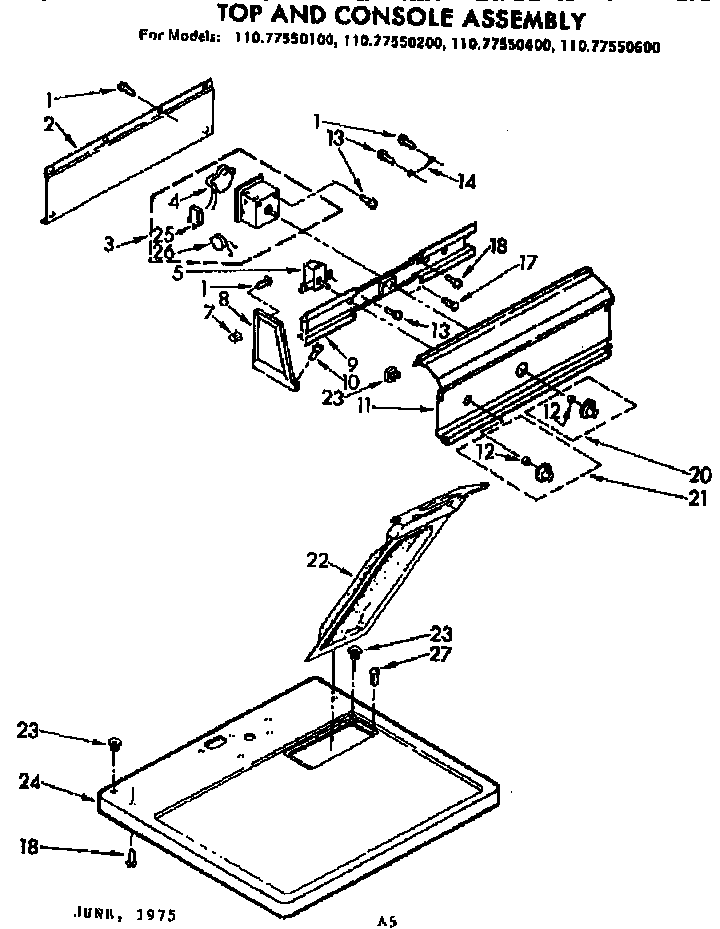 Sears 11077550600 top and console assembly diagram