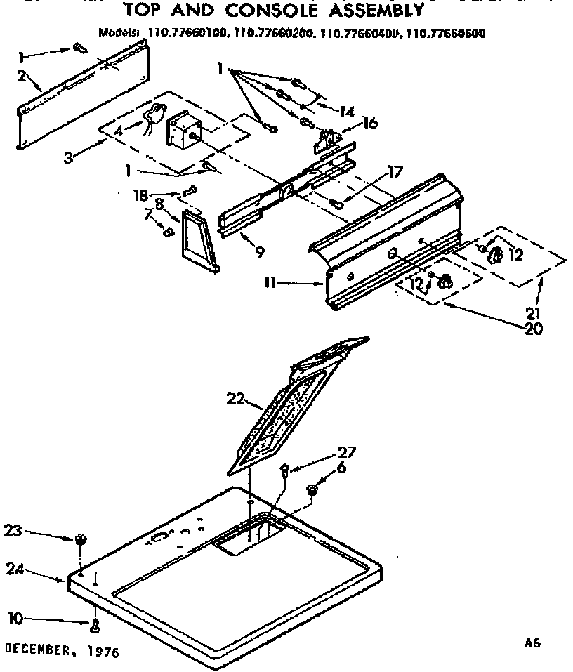 Sears 11077660600 top and console assembly diagram