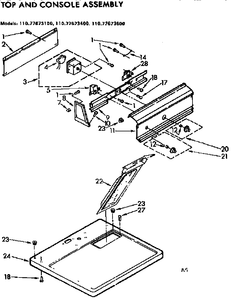 Sears 11077673600 top and console assembly diagram