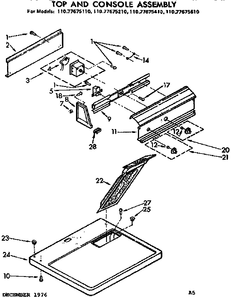 Sears 11077675110 top and console assembly diagram