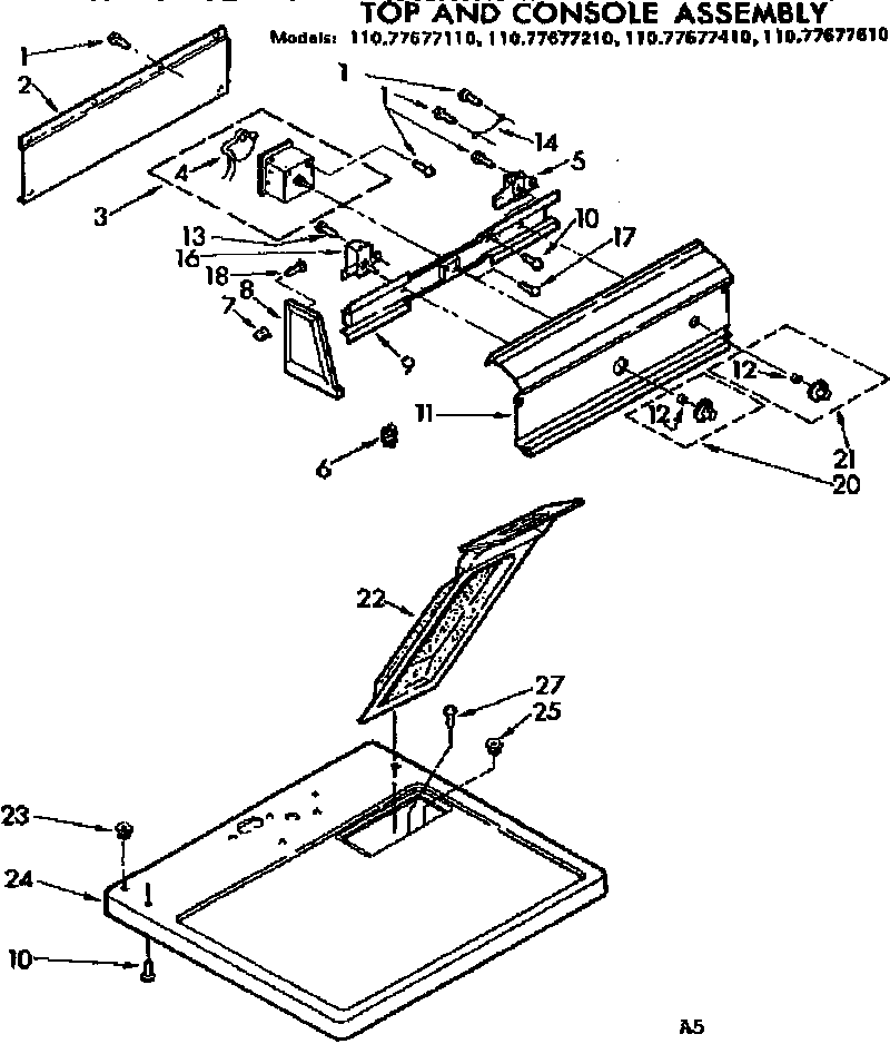 Sears 11077677610 top and console assembly diagram
